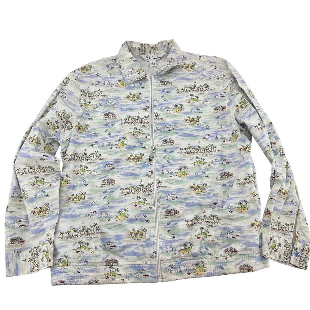 Blast Womens Tropical Island Print Cotton Full Zip Jacket White Blue Size M